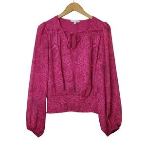 Maison D'Amelie Paris M V-Neck Blouse Pink Paisley Balloon Sleeve Smock Waist
